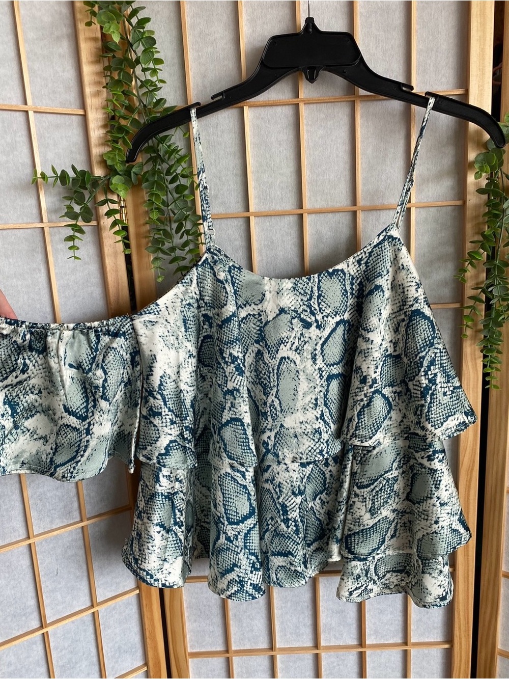 She and Sky Blue Snake Print Ruffle Off-Shoulder Top